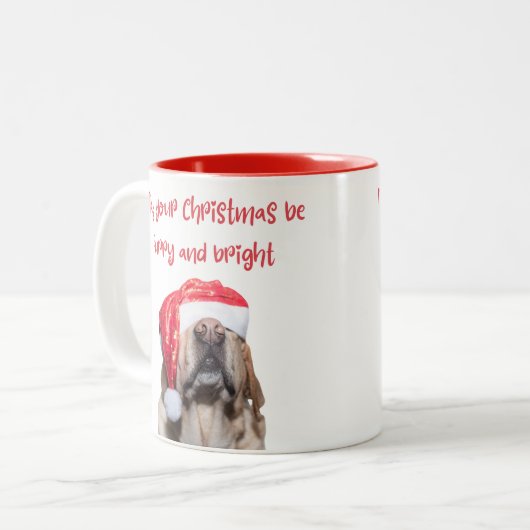 Harige en heldere kerst, grappige kersthond rood tweekleurige koffiemok (Voorkant links)