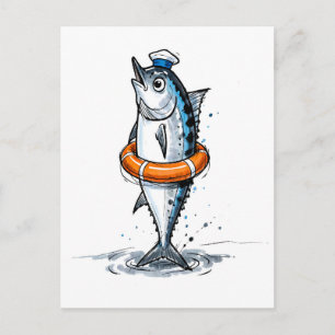 Haring met reddingsboei in marine inktillustratie briefkaart