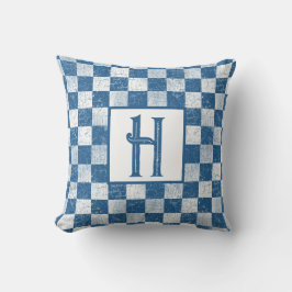 Haringbogen, monogram, blauw, wit kussen
