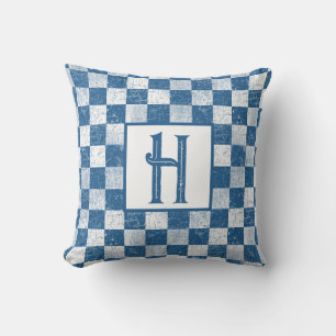 Haringbogen, monogram, blauw, wit kussen