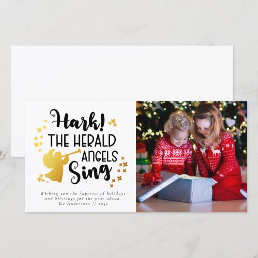 Hark the Herald Angels Sing Goud Folie Foto Feestdagenkaart (Voorkant / Achterkant)