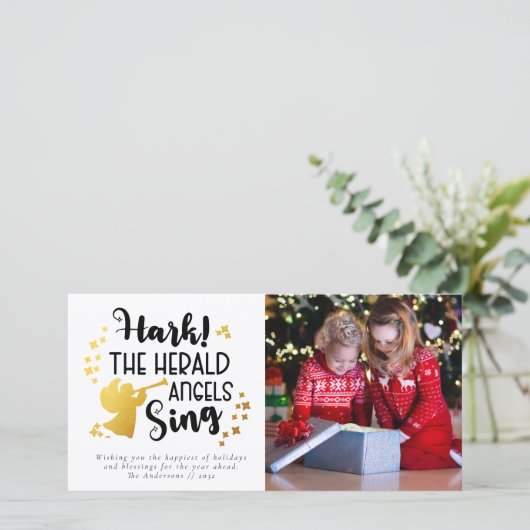Hark the Herald Angels Sing Goud Folie Foto Feestdagenkaart (Staand voorkant)