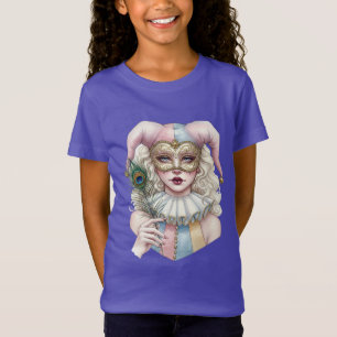 Harlekijn in een masker met een pauwenveer t-shirt