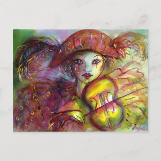 Harlekijn speelt viool, maskerade maskers briefkaart (Voorkant)