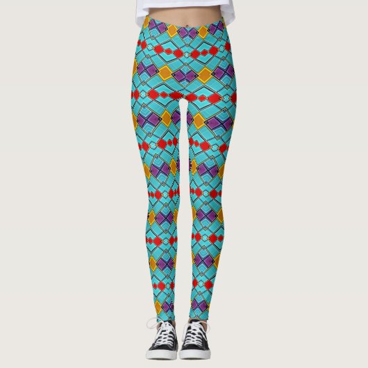 Harlekijnblauw, rood, amber - geometrische lichten leggings (Voorkant)