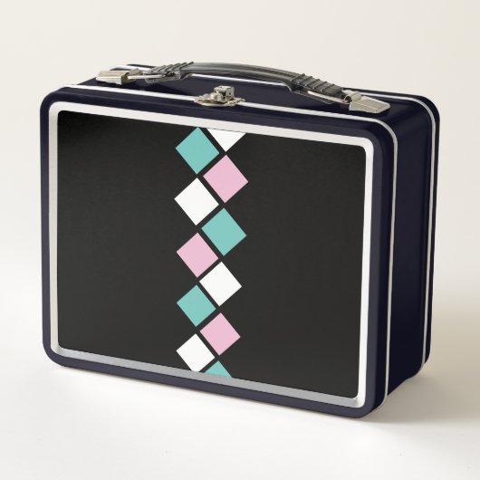 Harlekijnmetalen lunchbox (zwart, aqua en roze) (Voorkant)