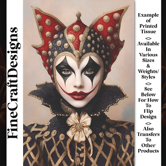 Harlekijnrood, goud en wit gezicht BT9 decoupage Tissuepapier