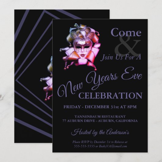 Harlekijnse oudejaarsuitnodiging kaart (Voorkant / Achterkant)