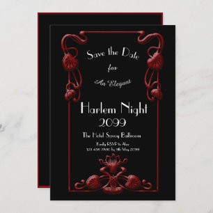 HARLEM Night, Black, RED, White, Floral, Art Deco Kaart