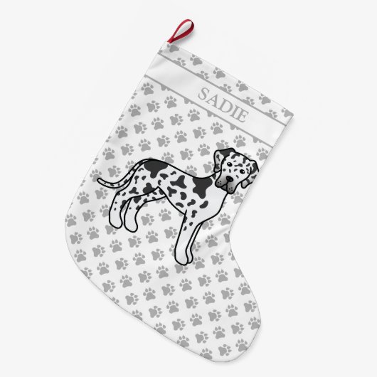 Harlequin Black & White Great Dane Cute Dog & Name Grote Kerstsok (Voorkant (Hangend))