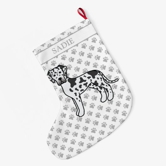Harlequin Black & White Great Dane Cute Dog & Name Grote Kerstsok (Achterkant (Hangend))
