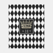 Harlequin Crown Black en White Diamond Monogram Fleece Deken (Voorkant)