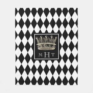 Harlequin Crown Black en White Diamond Monogram Fleece Deken