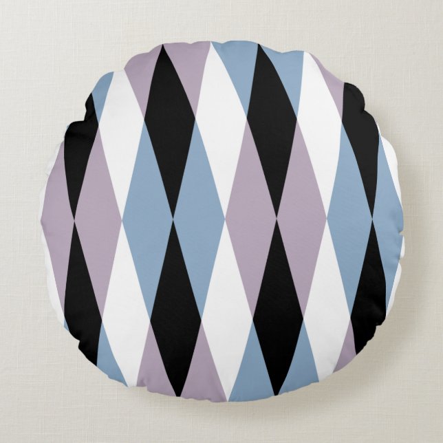 Harlequin Diamond Pattern - Blue and Dusty Lila Rond Kussen (Voorkant)
