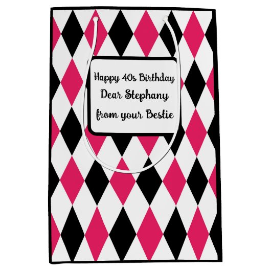 Harlequin Elegant Diamant Geometrisch Zwart Wit Medium Cadeauzakje (Voorkant)