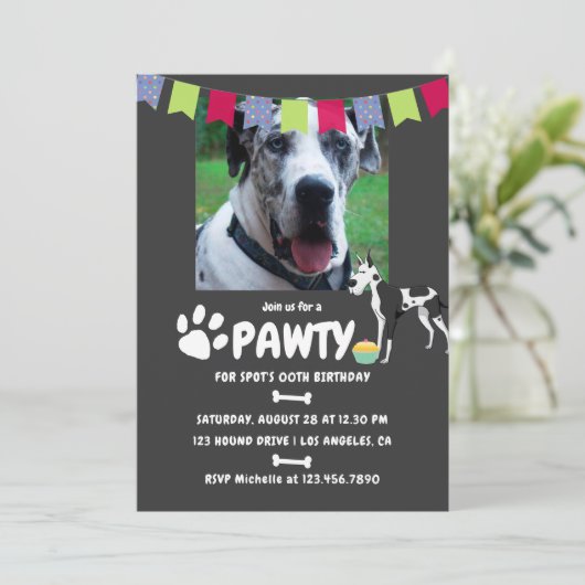 Harlequin Great Dane Birthday-fotouitnodiging Kaart (Staand voorkant)