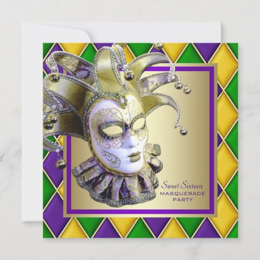 Harlequin Mardi Gras Maskerade Feest Kaart (Voorkant)