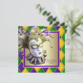 Harlequin Mardi Gras Maskerade Party Kaart (Staand voorkant)