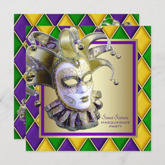 Harlequin Mardi Gras Masquerade Party Kaart (Voorkant / Achterkant)