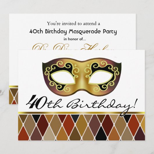 Harlequin Masquerade 40th Birthday Party (taupe) Kaart (Voorkant / Achterkant)