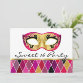 Harlequin Masquerade Sweet Sixteen Party (fuschia) Kaart (Staand voorkant)