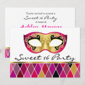Harlequin Masquerade Sweet Sixteen Party (fuschia) Kaart (Voorkant / Achterkant)
