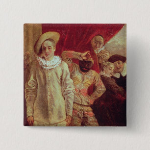 Harlequin, Pierrot en Scapin, Actoren van de Com Vierkante Button 5,1 Cm