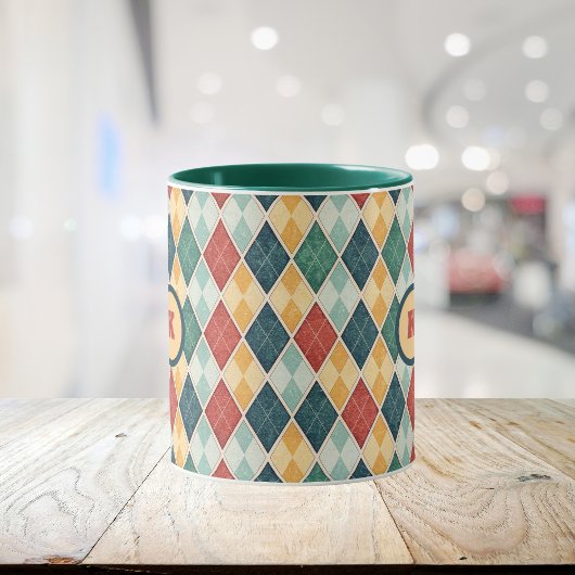 Harlequin Retro Rood Goud Groen Argyle Initiaal Mok