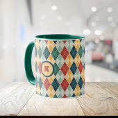 Harlequin Retro Rood Goud Groen Argyle Initiaal Mok