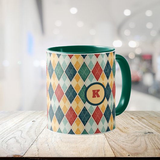 Harlequin Retro Rood Goud Groen Argyle Initiaal Mok