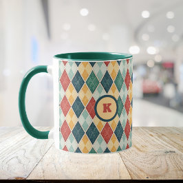Harlequin Retro Rood Goud Groen Argyle Initiaal Mok