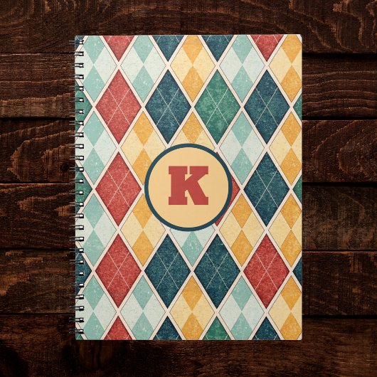 Harlequin Vintage Gold Red Green Monogram Argyle Notitieboek