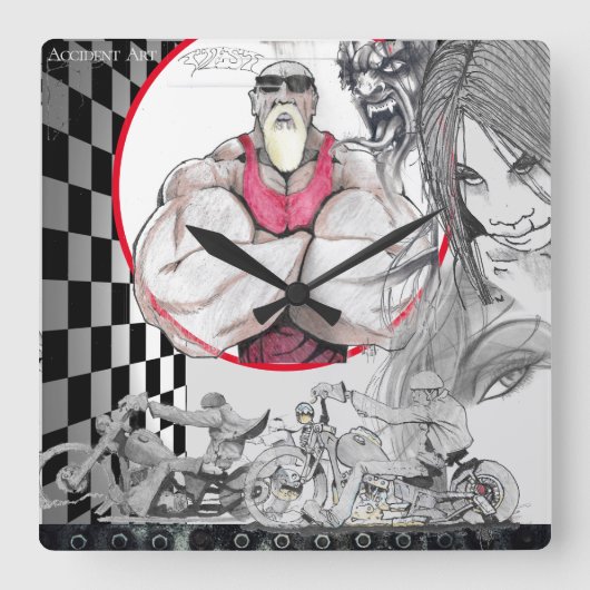 Harley Shop Clock, Black, White, Checkers Vierkante Klok (Voorkant)