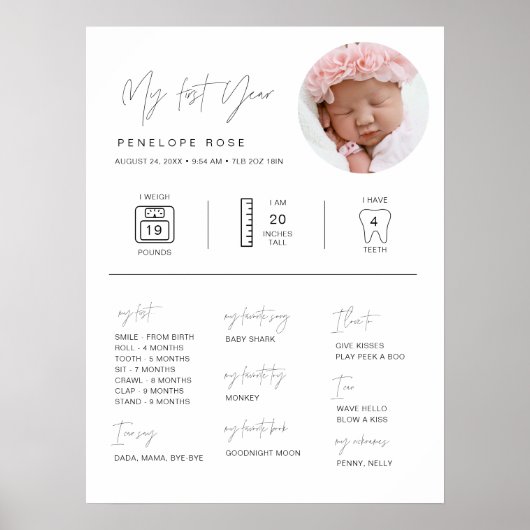 HARLOW 1st Birthday Mijlpalen infografisch 18x24 Poster (Voorkant)