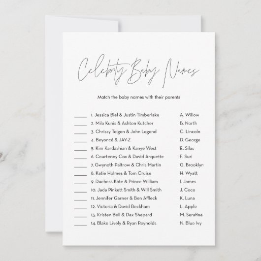 HARLOW Celebrity Baby Name Baby shower Game Kaart (Voorkant)