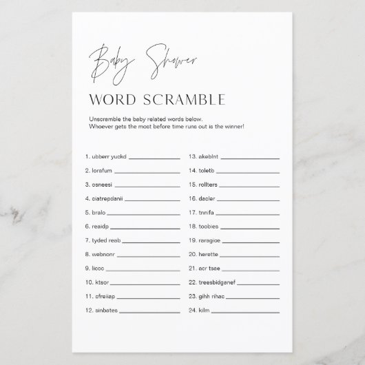 HARLOW Word Scramble Baby shower Game (Voorkant)