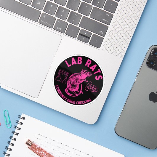 Harm Reduction Sisters Lab Rats Logo Sticker (Laptop met iPhone)
