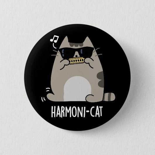 Harmoni-cat Funny Harmonica Cat Pun Dark BG Ronde Button 5,7 Cm (Voorkant)