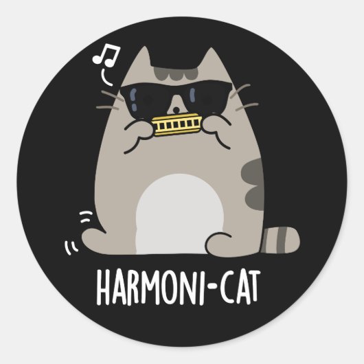 Harmoni-cat Funny Harmonica Cat Pun Dark BG Ronde Sticker (Voorkant)