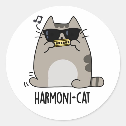 Harmoni-cat Funny Harmonica Cat Pun Ronde Sticker (Voorkant)