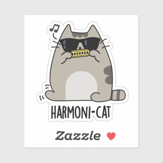 Harmoni-cat Funny Harmonica Cat Pun Sticker (Vel)