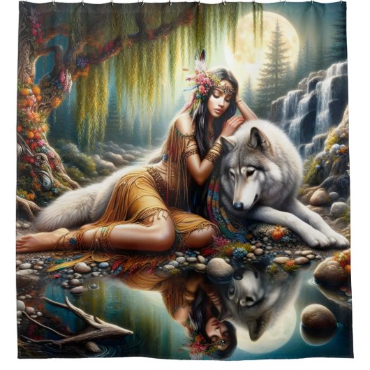 Harmonie tussen een Indiaanse vrouw en een wolf Douchegordijn (Voorkant)