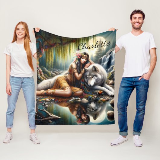 Harmonie tussen een Indiaanse vrouw en een wolf Fleece Deken (In situ)
