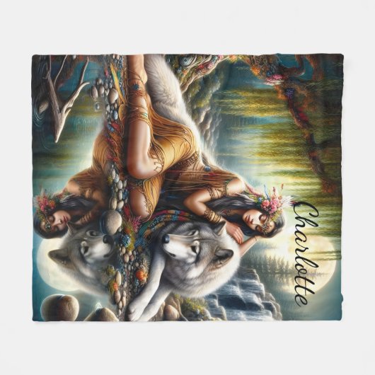 Harmonie tussen een Indiaanse vrouw en een wolf Fleece Deken (Voorkant (Horizontaal))