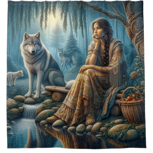 Harmonie tussen Indianen en wolven Douchegordijn (Voorkant)