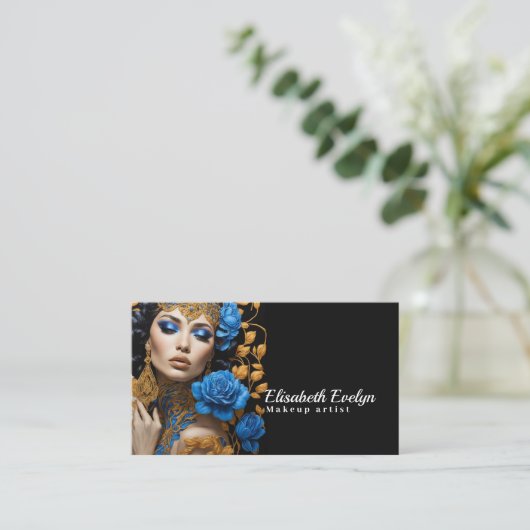 Harmonie van Blauwe en Gouden Bloemen op een Mooie Visitekaartje (Staand voorkant)