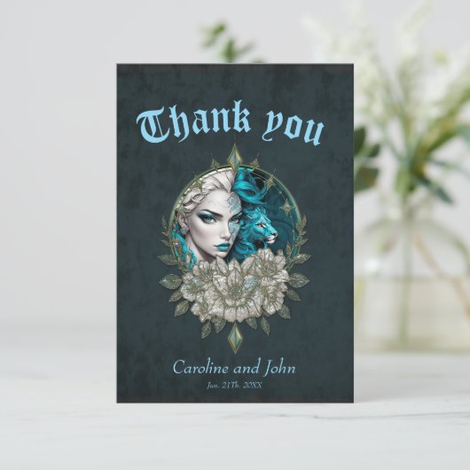 Harmonie van de elementen, de vrouw met de leeuw. bedankkaart (Staand voorkant)