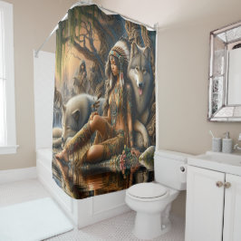 Harmonie van natuur: een Indiaan en haar wolven Douchegordijn