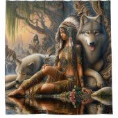 Harmonie van natuur: een Indiaan en haar wolven Douchegordijn (Voorkant)