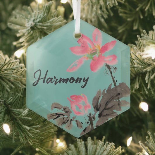 Harmony Positive Quote Waterverf Floral Lotus Glas Ornament (Insitu)